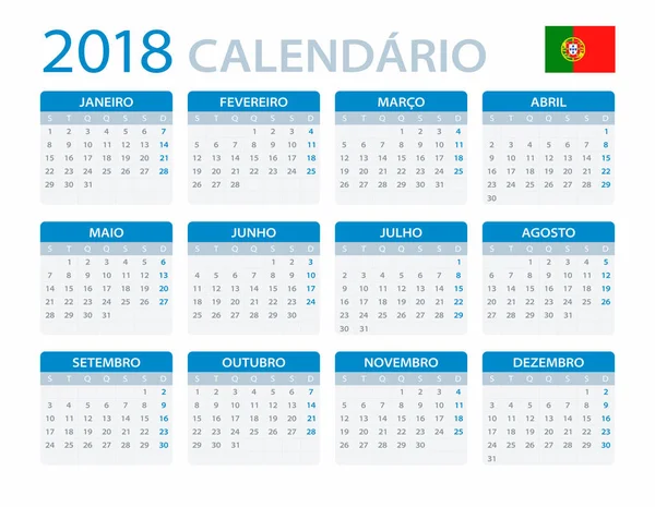 Calendario 2018 - Versión en portugués — Vector de stock