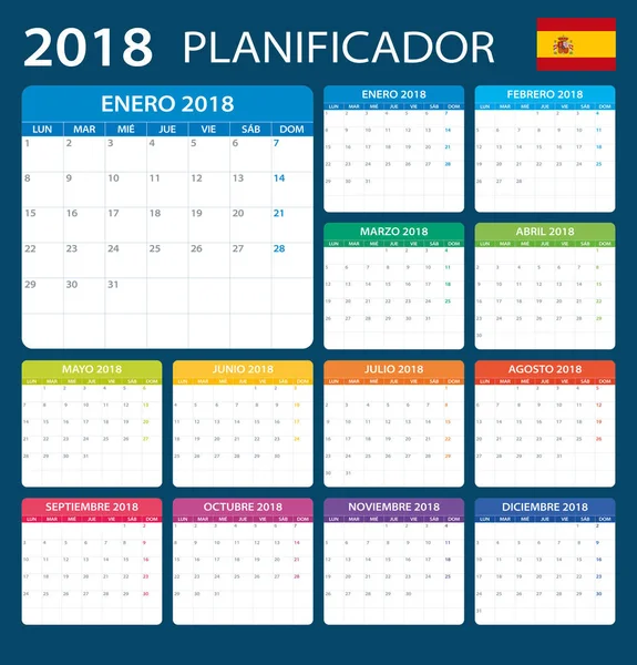 Planificador 2018 - Versión en español — Archivo Imágenes Vectoriales