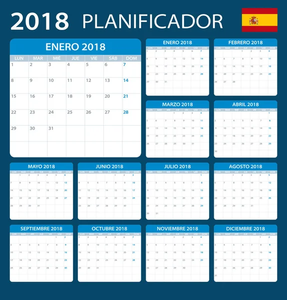 Planlayıcısı 2018 - İspanyolca sürüm — Stok Vektör