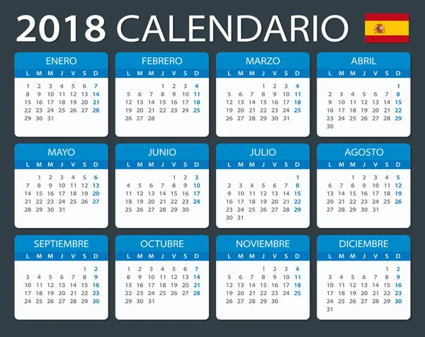 Calendário 2018 - Versão em espanhol — Vetor de Stock