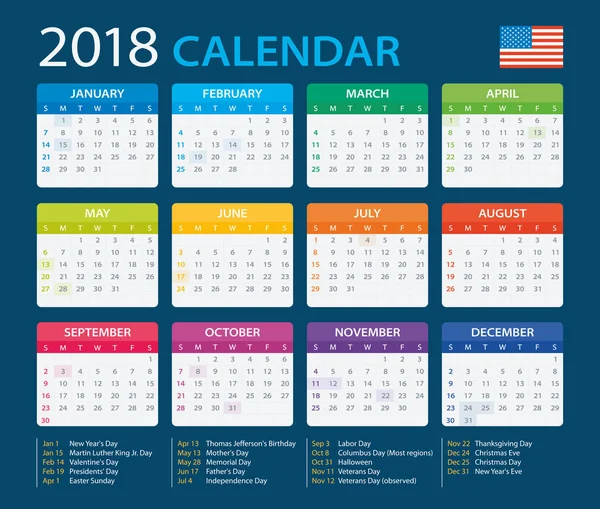 Calendario 2018 - Versión americana — Archivo Imágenes Vectoriales