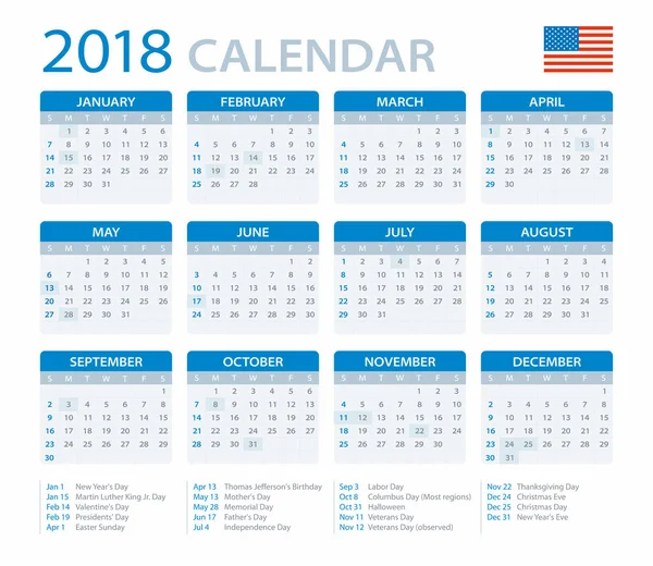 Kalender 2018 - amerikanische Version — Stockvektor