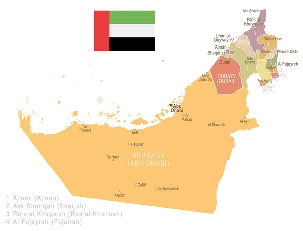 Förenade Arabemiraten - vintage karta och flagga - illustration — Stock vektor