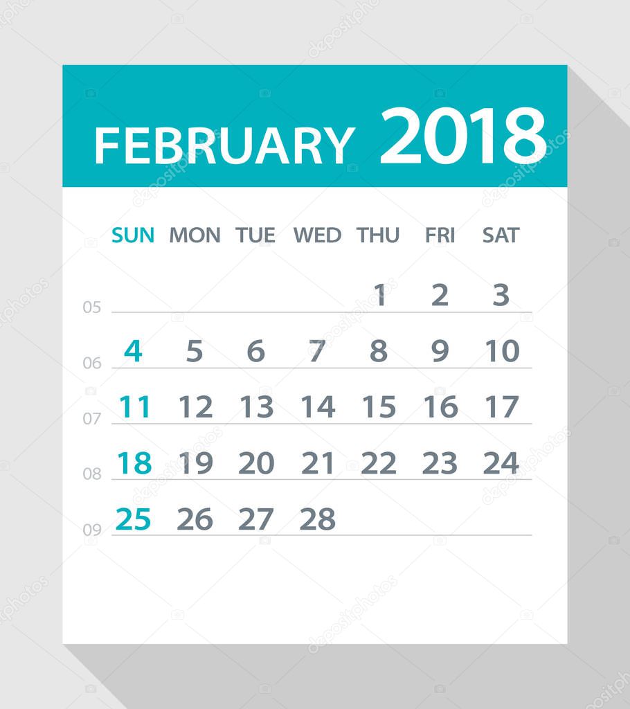 February 2018 Calendar Flat Leaf - Illustration