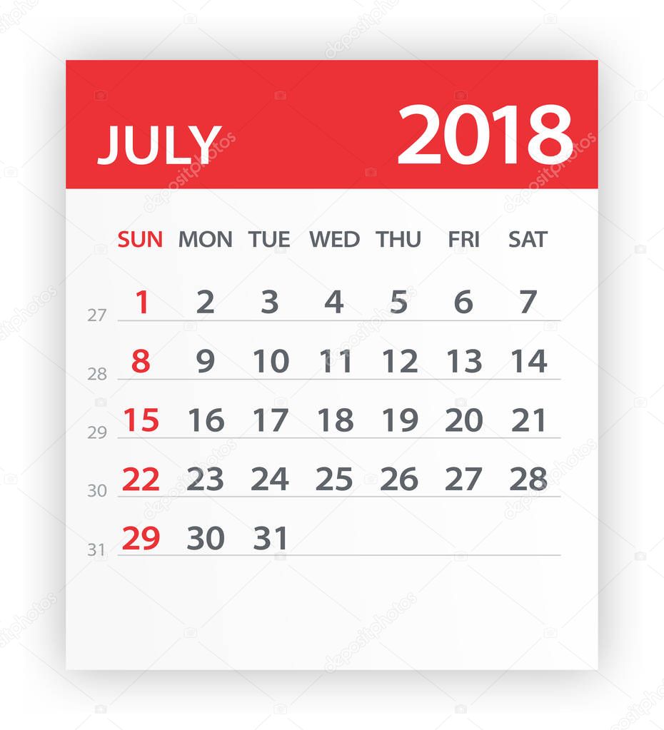 July 2018 Calendar Red Leaf - Illustration