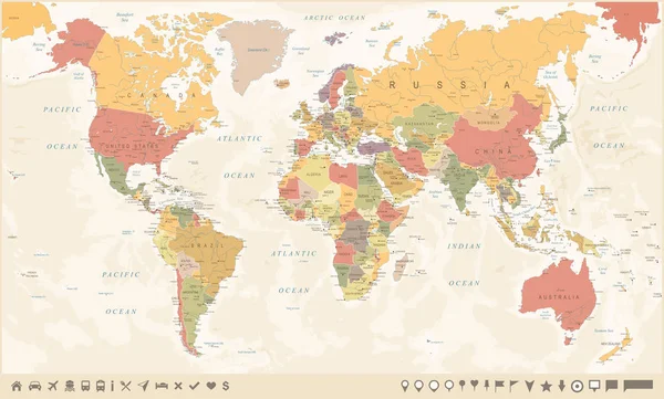 Mapa do mundo vintage e marcadores - Ilustração vetorial — Vetor de Stock