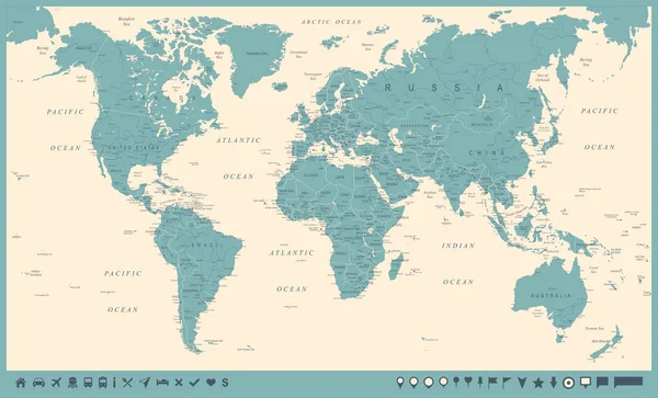 Mapa del mundo vintage y marcadores - Ilustración vectorial — Vector de stock