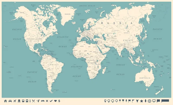 Mapa del mundo vintage y marcadores - Ilustración vectorial — Archivo Imágenes Vectoriales