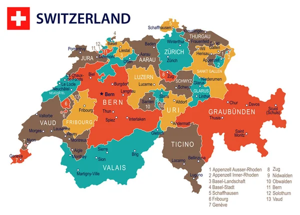 Suiza - mapa e ilustración de la bandera — Archivo Imágenes Vectoriales