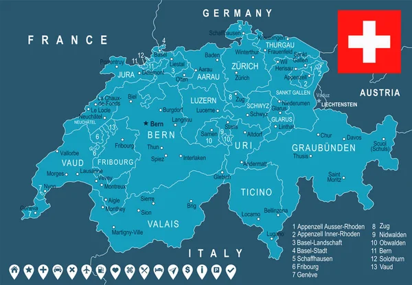 Svizzera - mappa e illustrazione della bandiera — Vettoriale Stock