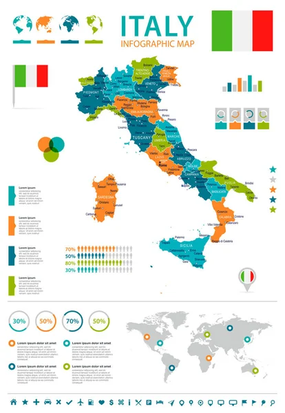 Italia mapa y bandera ilustración infográfica — Vector de stock