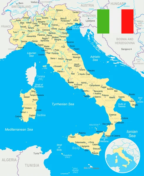 Italia - illustrazione mappa e bandiera — Vettoriale Stock