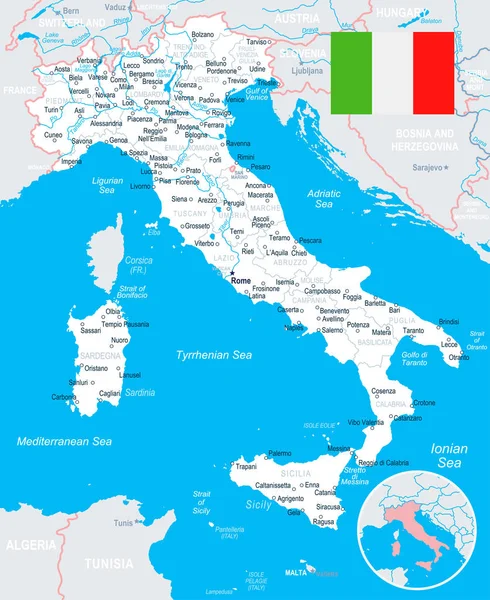 Italia - illustrazione mappa e bandiera — Vettoriale Stock