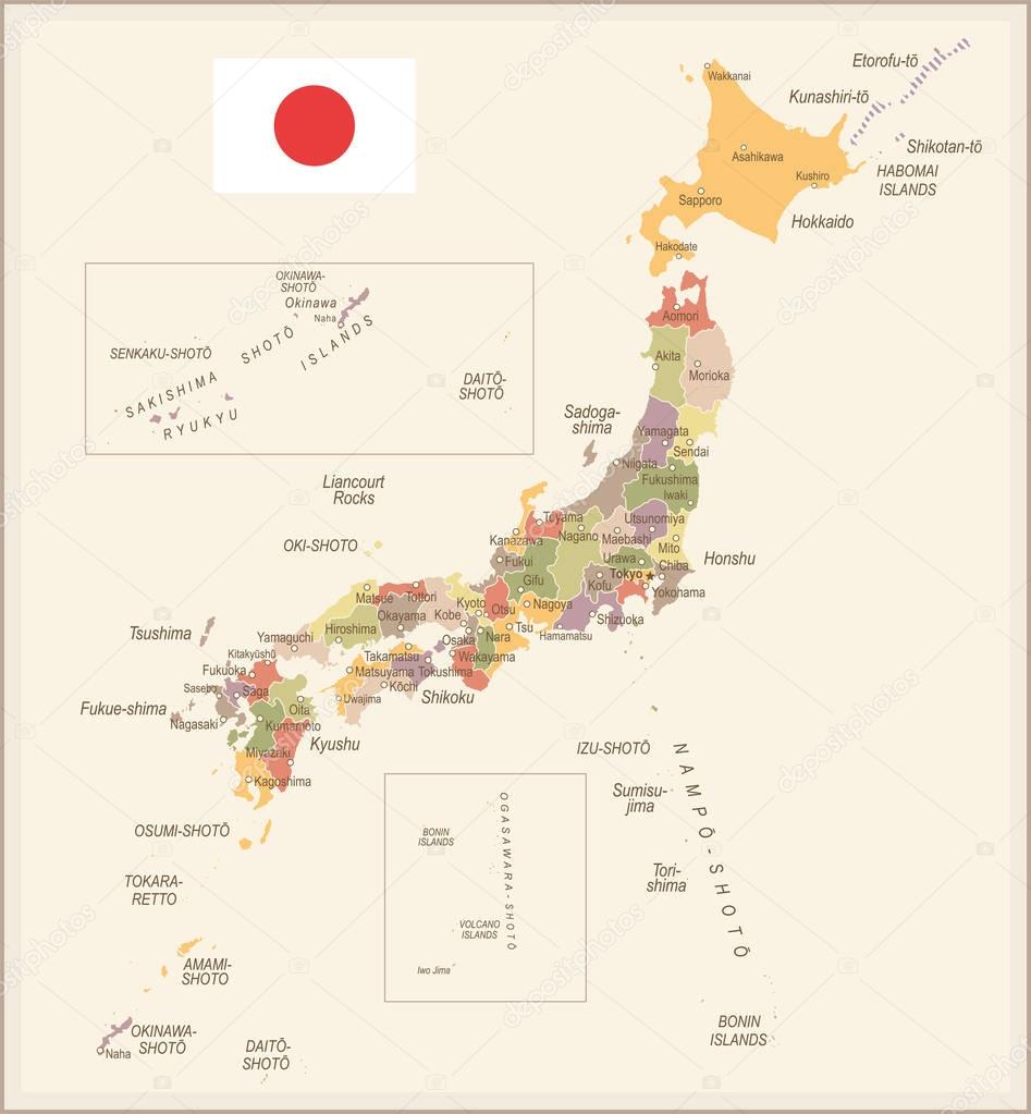Japan - vintage map and flag - illustration