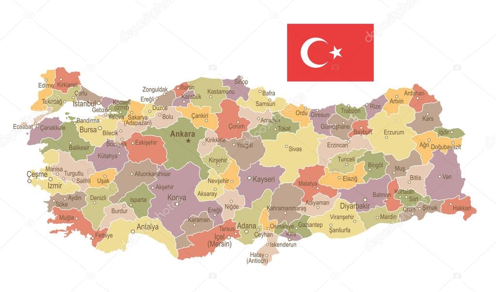 Turkey - vintage map and flag - illustration