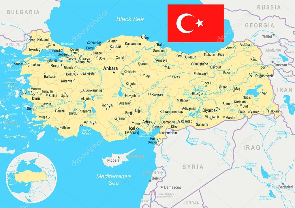 Ilustracion: mapa geografico de la | Turquía - mapa y bandera de la