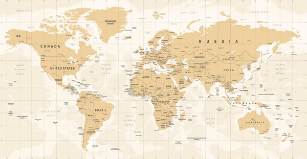 Mappa del mondo Vintage Vector. Illustrazione dettagliata della mappa del mondo — Vettoriale Stock