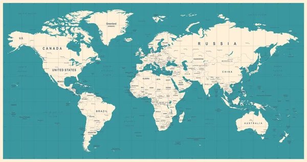 Weltkarte Jahrgangsvektor. Detaillierte Abbildung der Weltkarte — Stockvektor