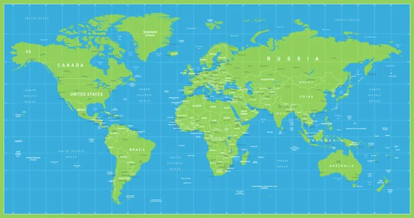世界地图矢量蓝绿。世界地图的详细的说明 — 图库矢量图片