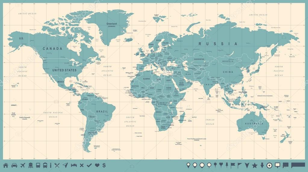 World Map Vector Vintage Detailed Illustration Of Worldmap — Stock