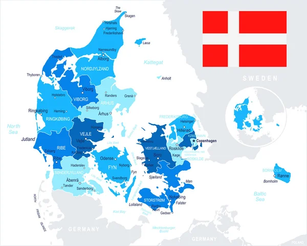 Danimarca - mappa e illustrazione della bandiera — Vettoriale Stock
