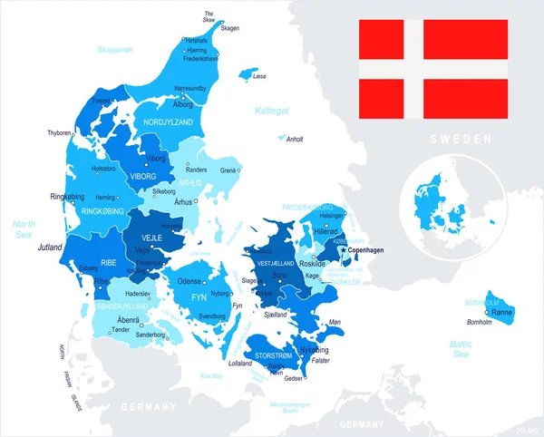 Дания - карта и иллюстрация флага — стоковый вектор