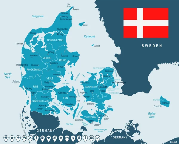 Дания - карта и иллюстрация флага — стоковый вектор