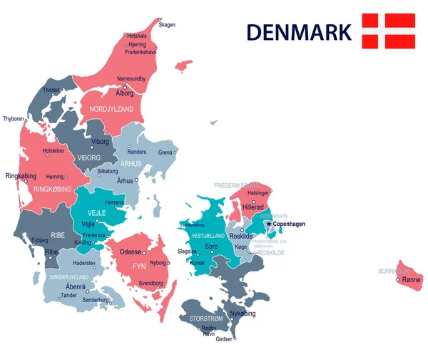 丹麦-映射和船旗图 — 图库矢量图片