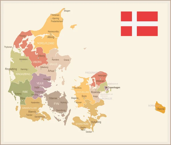 Dinamarca - Mapa y bandera vintage - ilustración — Archivo Imágenes Vectoriales