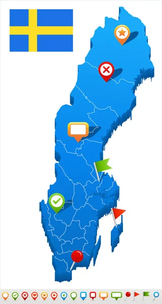 Svezia - mappa e illustrazione della bandiera — Vettoriale Stock