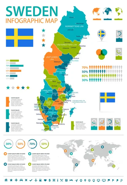 Zweden - infographic kaart en vlag - illustratie — Stockvector