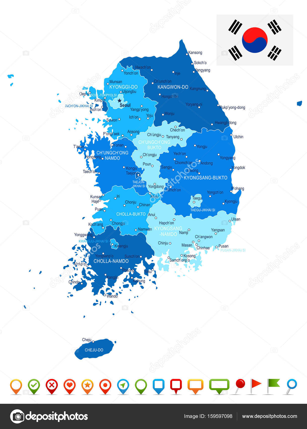 한국-지도 및 국기-일러스트 레이 션 스톡 벡터 - ©dikobrazik 159597098