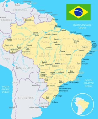 Brezilya - harita ve illüstrasyon bayrak