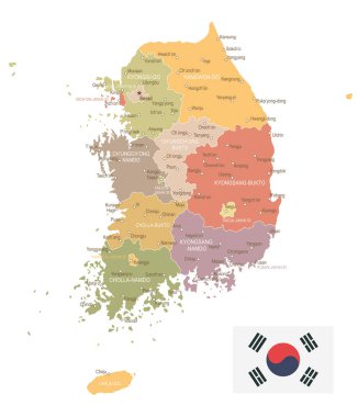Güney Kore - vintage harita ve bayrak - illüstrasyon