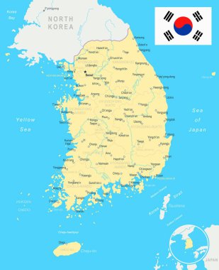 Güney Kore - harita ve bayrak - illüstrasyon