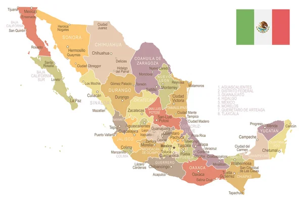 México - mapa y bandera vintage - ilustración — Vector de stock