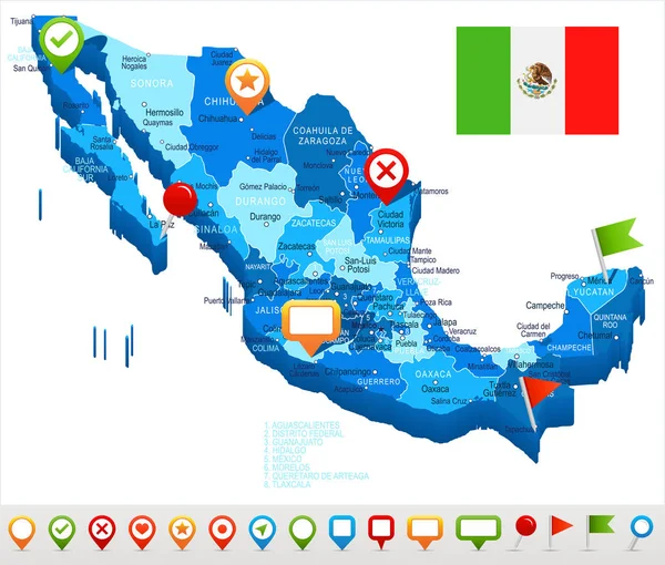 Meksiko - gambar peta dan bendera - Stok Vektor