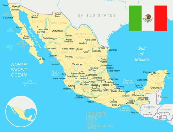 墨西哥-映射和船旗图 — 图库矢量图片