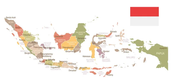 Indonezja - vintage mapę i flagi - ilustracja — Wektor stockowy