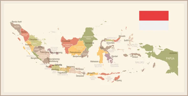 Indonésia - Mapa do vintage e bandeira - ilustração —  Vetores de Stock