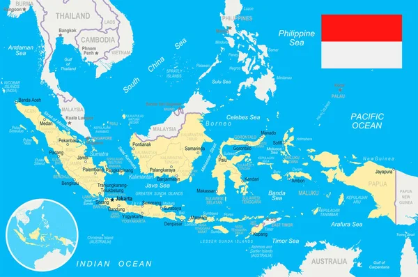 Indonésia - ilustração de mapa e bandeira — Vetor de Stock