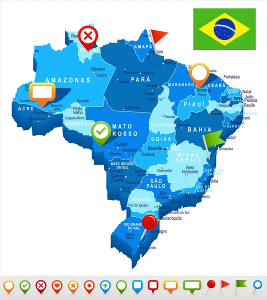 Brasil - ilustración de mapa y bandera — Vector de stock