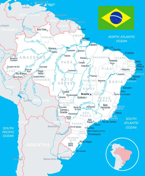 Brasil - ilustración de mapa y bandera — Archivo Imágenes Vectoriales