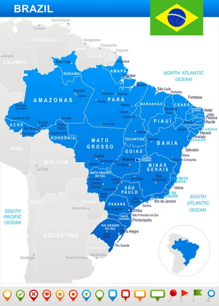 Brasil - ilustração de mapa e bandeira — Vetor de Stock