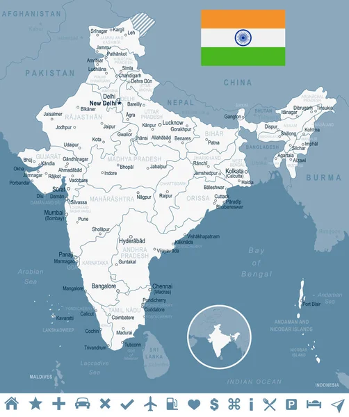 India - kaart en afbeelding markeren — Stockvector