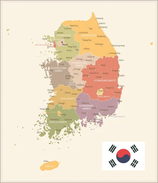 한국-빈티지 지도 및 국기-일러스트 레이 션 — 스톡 벡터