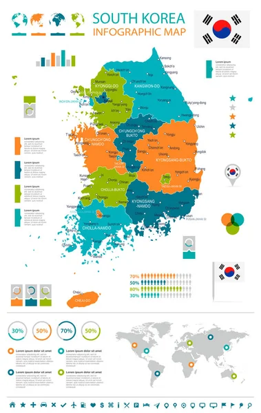 दक्षिण कोरिया नक्शा और ध्वज इन्फोग्राफिक चित्रण — स्टॉक वेक्टर