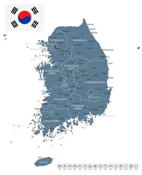 韩国-地图和国旗-插图 — 图库矢量图片