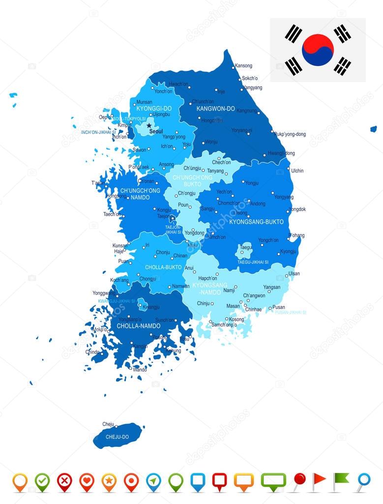 South Korea - map and flag - illustration