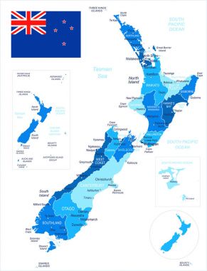 Yeni Zelanda - harita ve illüstrasyon bayrak